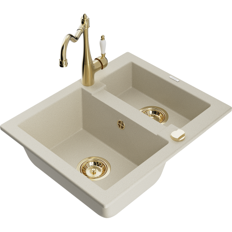 Mexen Carlos granite sink 1.5-bowl with Carla kitchen tap, beige - 6518-69-670700-50