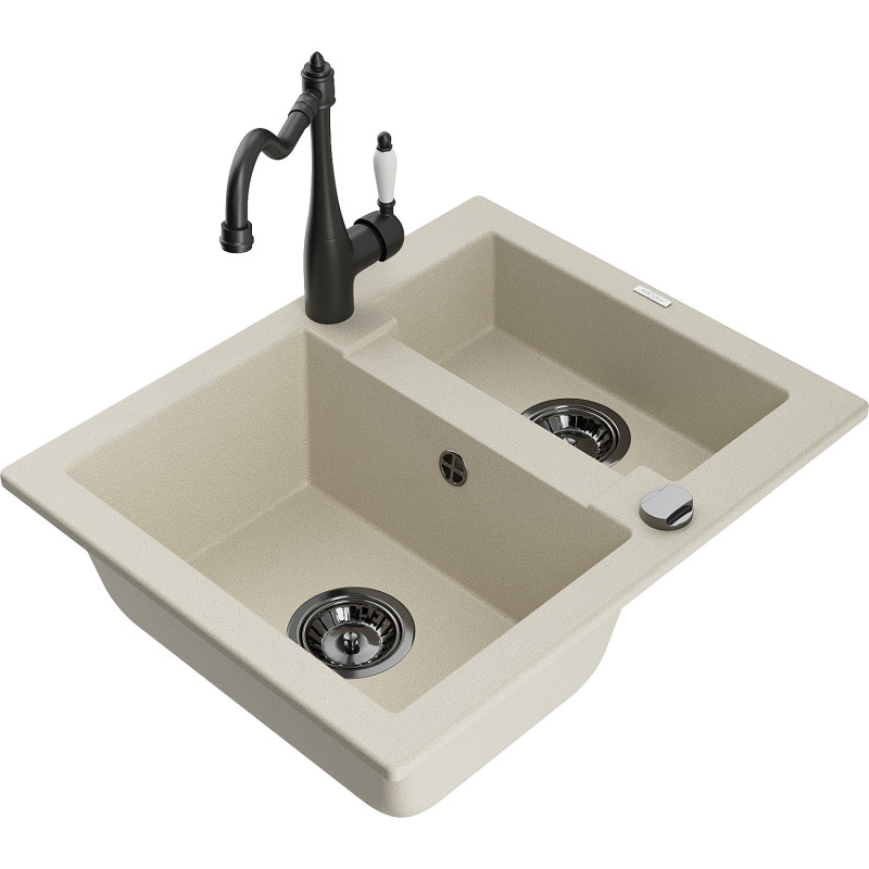 Mexen Carlos fregadero de granito de 1,5 tazones con grifo de cocina Carla, beige - 6518-69-670700-70