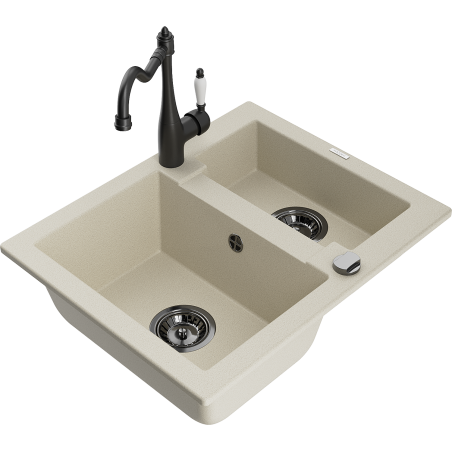 Mexen Carlos granite sink 1.5-bowl with Carla kitchen tap, beige - 6518-69-670700-70