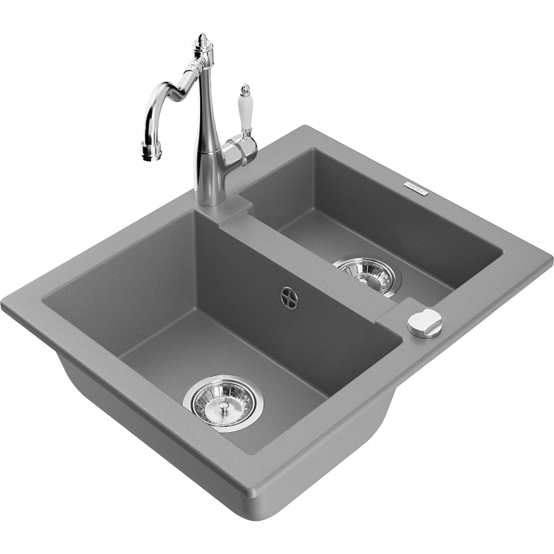 Mexen Carlos lava-loiça de granito de 1,5 cubas com torneira de cozinha Carla, cinza - 6518-71-670700-00