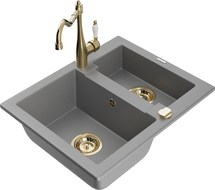 Mexen Carlos 1.5-bowl granite sink with Carla kitchen faucet, gray - 6518-71-670700-50