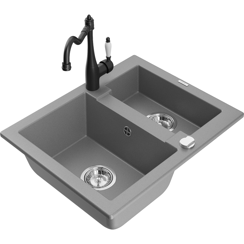 Mexen Carlos granite sink with 1.5 bowl and Carla kitchen tap, grey - 6518-71-670700-70