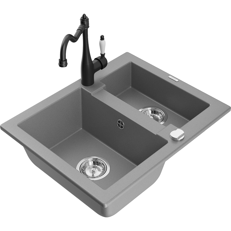 Mexen Carlos lava-loiça em granito 1,5-cubas com misturadora de cozinha Carla, cinza - 6518-71-670700-70