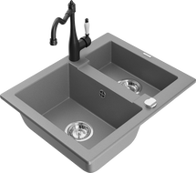 Mexen Carlos granite kitchen sink 1.5-bowl with Carla kitchen faucet, gray - 6518-71-670700-70