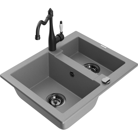 Mexen Carlos 1.5-Bowl Granite Sink with Carla Kitchen Tap, Grey - 6518-71-670700-70-B