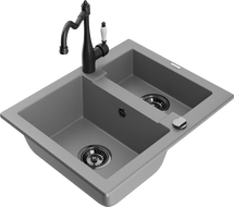 Mexen Carlos 1.5-bowl granite sink with Carla kitchen faucet, gray - 6518-71-670700-70-B