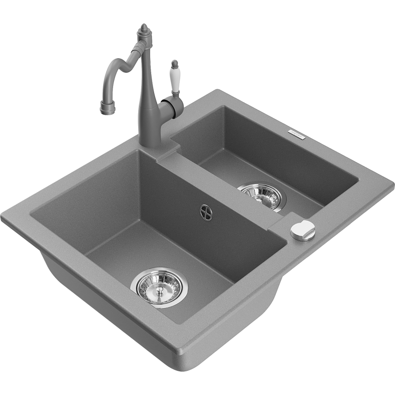 Mexen Carlos granite sink 1.5-bowl with kitchen tap Carla, grey - 6518-71-670700-71