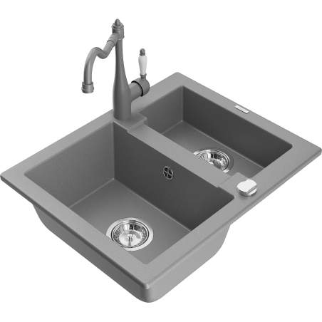 Mexen Carlos granite sink 1.5-bowl with kitchen tap Carla, grey - 6518-71-670700-71
