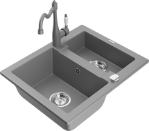 Mexen Carlos granieten gootsteen 1,5-komerig met keukenmengkraan Carla, grijs - 6518-71-670700-71
