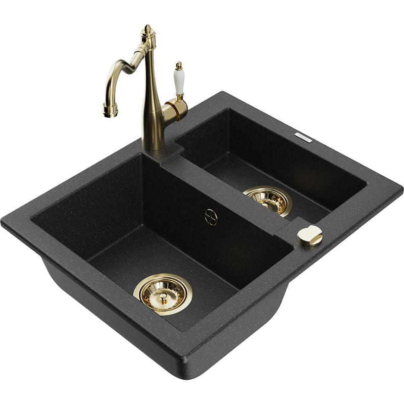 Mexen Carlos lava-louça em granito de 1,5 cuba com torneira de cozinha Carla, preto/metálico prateado - 6518-73-670700-50