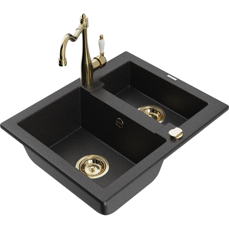Mexen Carlos fregadero de granito 1,5 cámaras con grifo de cocina Carla, negro/metálico plateado - 6518-73-670700-50
