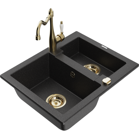 Mexen Carlos granite sink 1.5-bowl with Carla kitchen faucet, black/silver metallic - 6518-73-670700-50