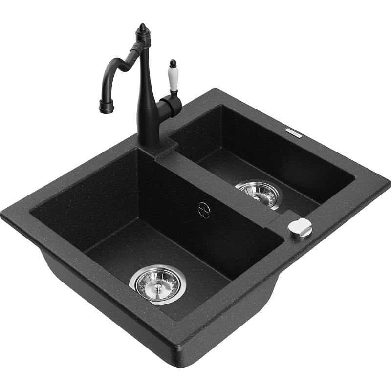 Mexen Carlos granite sink 1.5-bowl with Carla kitchen tap, black/silver metallic - 6518-73-670700-70