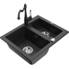 Mexen Carlos granite sink 1.5-bowl with Carla kitchen tap, black/silver metallic - 6518-73-670700-70