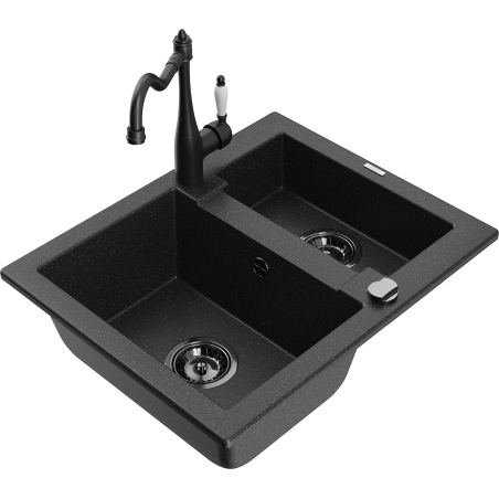 Mexen Carlos granite sink 1.5-bowl with Carla kitchen tap, black/silver metallic - 6518-73-670700-70-B