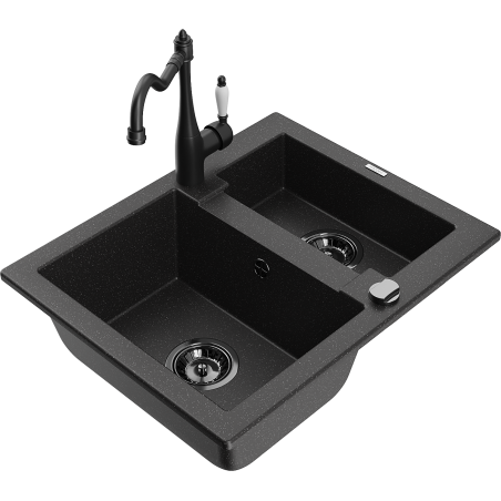 Mexen Carlos granite sink 1.5-bowl with kitchen faucet Carla, black/silver metallic - 6518-73-670700-70-B