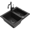 Mexen Carlos granite sink 1.5-bowl with Carla kitchen tap, black/silver metallic - 6518-73-670700-70-B