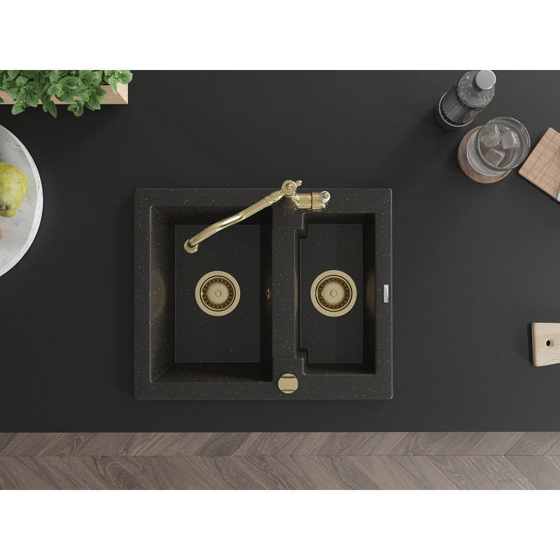 Mexen Carlos lavello in granito da cucina 1,5 vasche con miscelatore Carla, nero/oro metallizzato - 6518-75-670700-50
