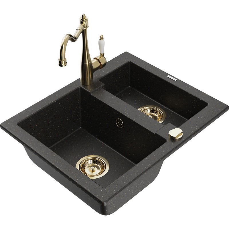 Mexen Carlos 1,5-komorige granieten spoelbak met keukenkraan Carla, zwart/goud metallic - 6518-75-670700-50