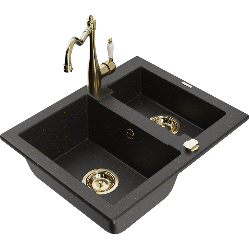 Mexen Carlos lava-loiça de granito 1,5-compratimento com torneira de cozinha Carla, preto/dourado metálico - 6518-75-670700-50