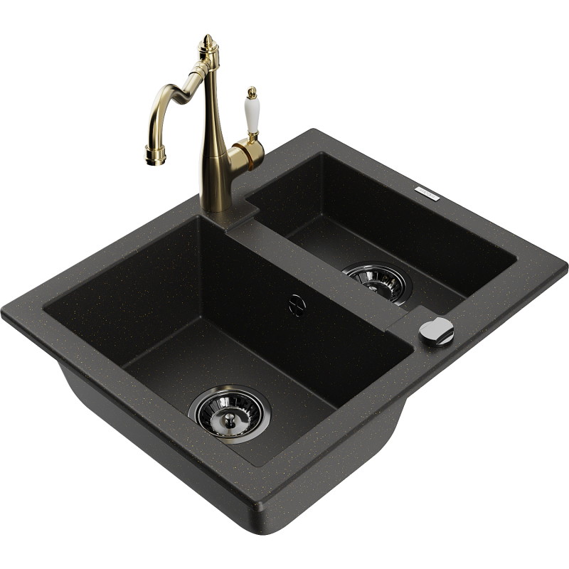 Mexen Carlos 1,5-kamer granieten gootsteen met Carla keukenkraan, zwart/goud metallic - 6518-75-670700-50-B