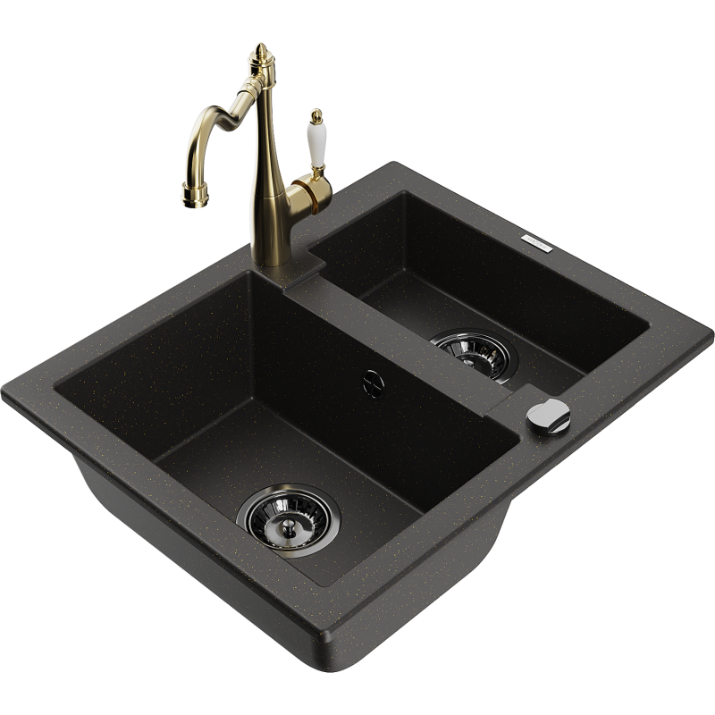Mexen Carlos évier en granit 1,5 bac avec robinet de cuisine Carla, noir/or métallisé - 6518-75-670700-50-B