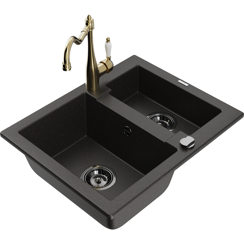 Mexen Carlos fregadero de granito de 1,5 senos con grifo de cocina Carla, negro/oro metálico - 6518-75-670700-50-B
