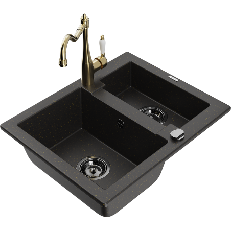 Mexen Carlos lavello in granito con 1,5 vasche con miscelatore da cucina Carla, nero/oro metallizzato - 6518-75-670700-50-B