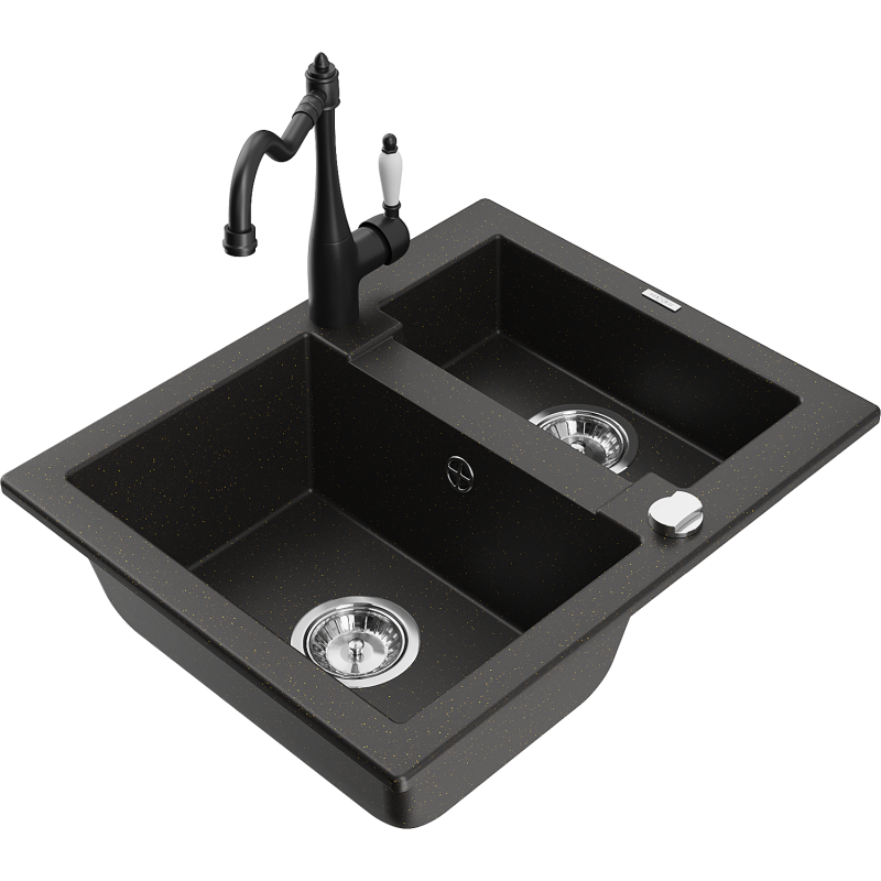 Mexen Carlos granite sink 1.5-bowl with Carla kitchen tap, black/gold metallic - 6518-75-670700-70