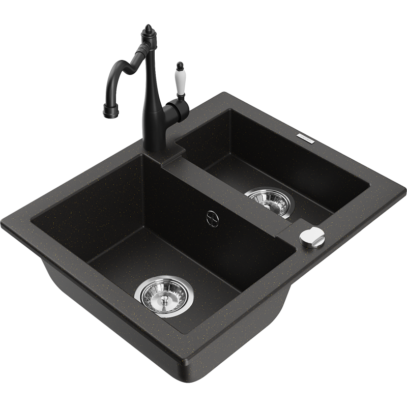 Mexen Carlos lavello in granito 1,5 vasca con rubinetto da cucina Carla, nero/oro metallizzato - 6518-75-670700-70