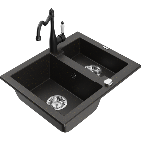 Mexen Carlos granite sink 1.5-bowl with Carla kitchen tap, black/gold metallic - 6518-75-670700-70