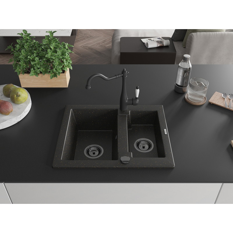 Mexen Carlos évier en granit 1,5 bac avec robinet de cuisine Carla, noir/doré métallisé - 6518-75-670700-70-B