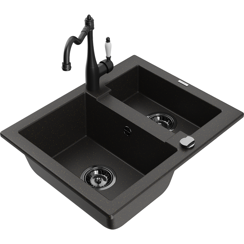 Mexen Carlos fregadero de granito de 1,5 cubetas con grifo de cocina Carla, negro/dorado metálico - 6518-75-670700-70-B