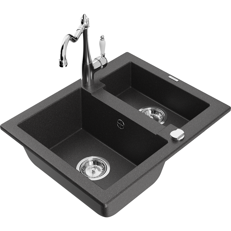 Mexen Carlos lava-louça de granito de 1,5 bacias com torneira de cozinha Carla, preto salpicado - 6518-76-670700-00