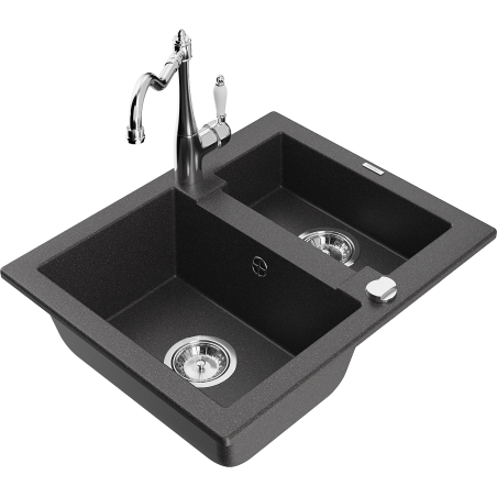 Mexen Carlos 1.5-bowl granite kitchen sink with Carla tap, black speckled - 6518-76-670700-00