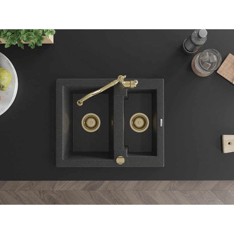 Mexen Carlos 1.5-bowl granite kitchen sink with Carla kitchen tap, speckled black - 6518-76-670700-50