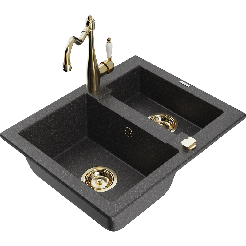 Mexen Carlos 1.5-bowl granite kitchen sink with Carla kitchen tap, speckled black - 6518-76-670700-50
