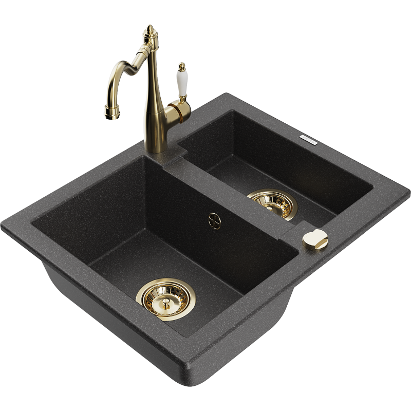 Mexen Carlos lava-louça de granito 1,5 compartimentos com torneira de cozinha Carla, preto salpicado - 6518-76-670700-50