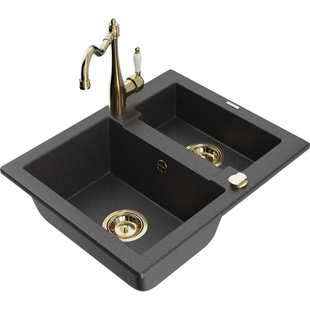 Mexen Carlos 1.5-bowl granite kitchen sink with Carla kitchen tap, speckled black - 6518-76-670700-50