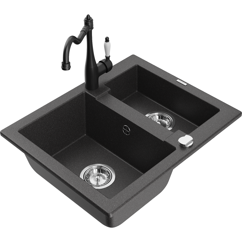 Mexen Carlos 1.5-bowl granite kitchen sink with Carla kitchen tap, black speckled - 6518-76-670700-70
