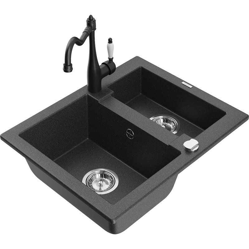 Mexen Carlos granitno pomivalno korito 1,5-prekatno s kuhinjsko pipo Carla, črna s pikami - 6518-76-670700-70