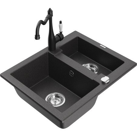 Mexen Carlos 1.5-bowl granite kitchen sink with Carla kitchen tap, black speckled - 6518-76-670700-70