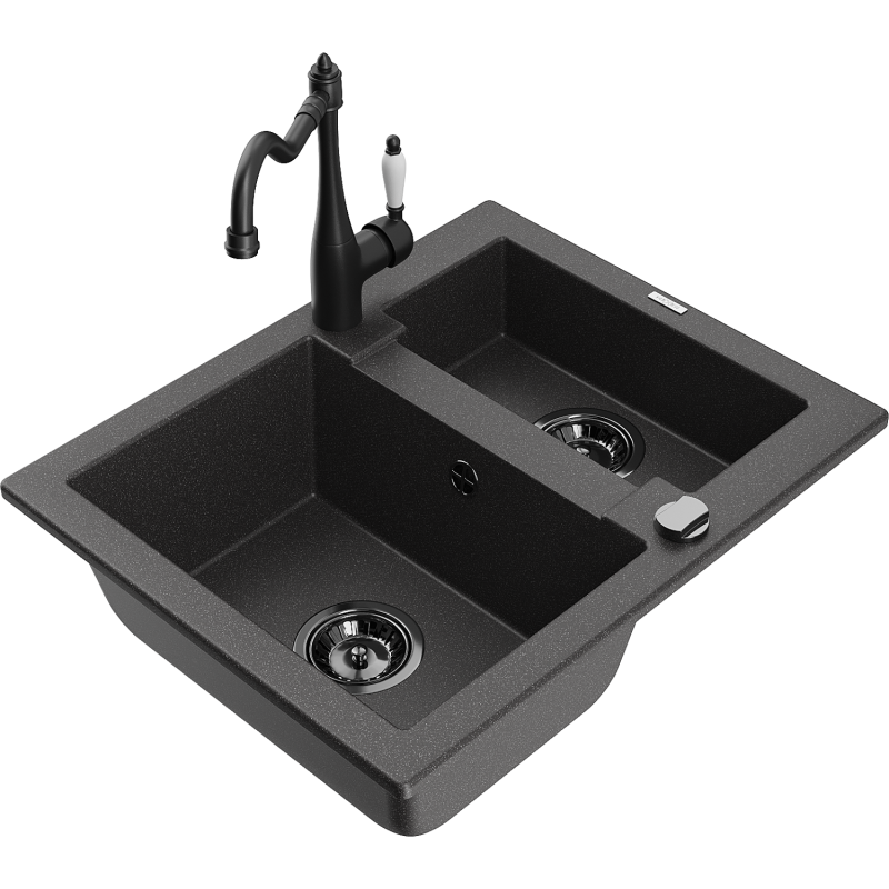 Mexen Carlos granite sink 1.5-bowl with Carla kitchen tap, speckled black - 6518-76-670700-70-B