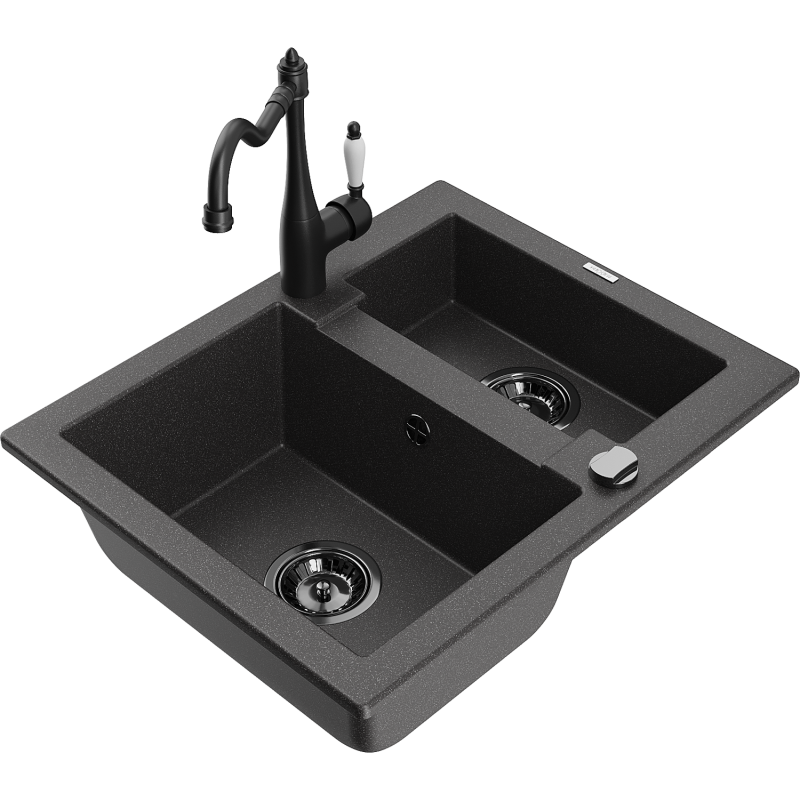 Mexen Carlos lava-loiça de granito 1,5-cuba com torneira de cozinha Carla, preto salpicado - 6518-76-670700-70-B