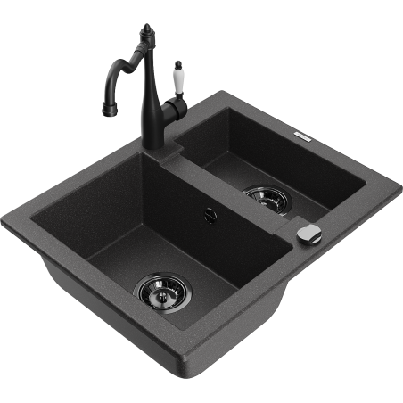 Mexen Carlos fregadero de granito 1.5-cubetas con grifo de cocina Carla, negro moteado - 6518-76-670700-70-B