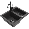 Mexen Carlos granite sink 1.5-bowl with Carla kitchen tap, speckled black - 6518-76-670700-70-B