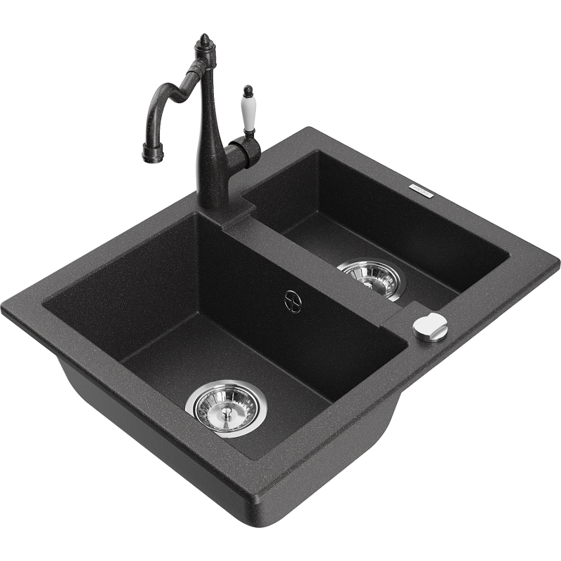 Mexen Carlos 1.5-bowl granite sink with Carla kitchen tap, black speckled - 6518-76-670700-76