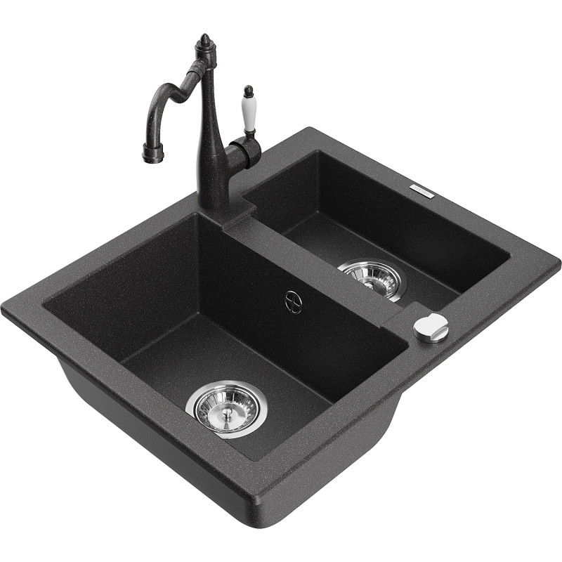 Mexen Carlos fregadero de granito de 1,5 senos con grifo de cocina Carla, negro moteado - 6518-76-670700-76
