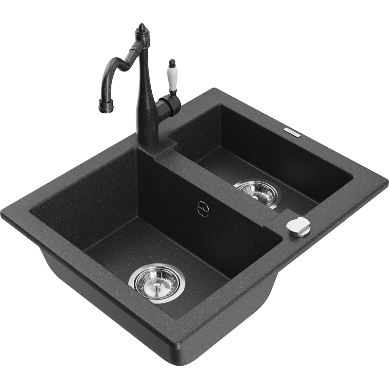 Mexen Carlos lava-louça em granito 1,5-bacia com torneira de cozinha Carla, preto salpicado - 6518-76-670700-76