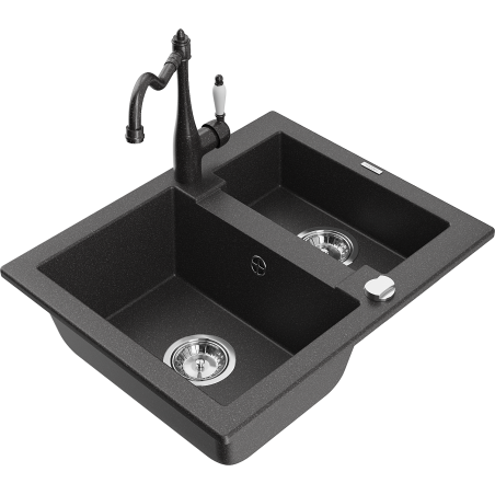 Mexen Carlos 1.5-bowl granite sink with Carla kitchen tap, black speckled - 6518-76-670700-76